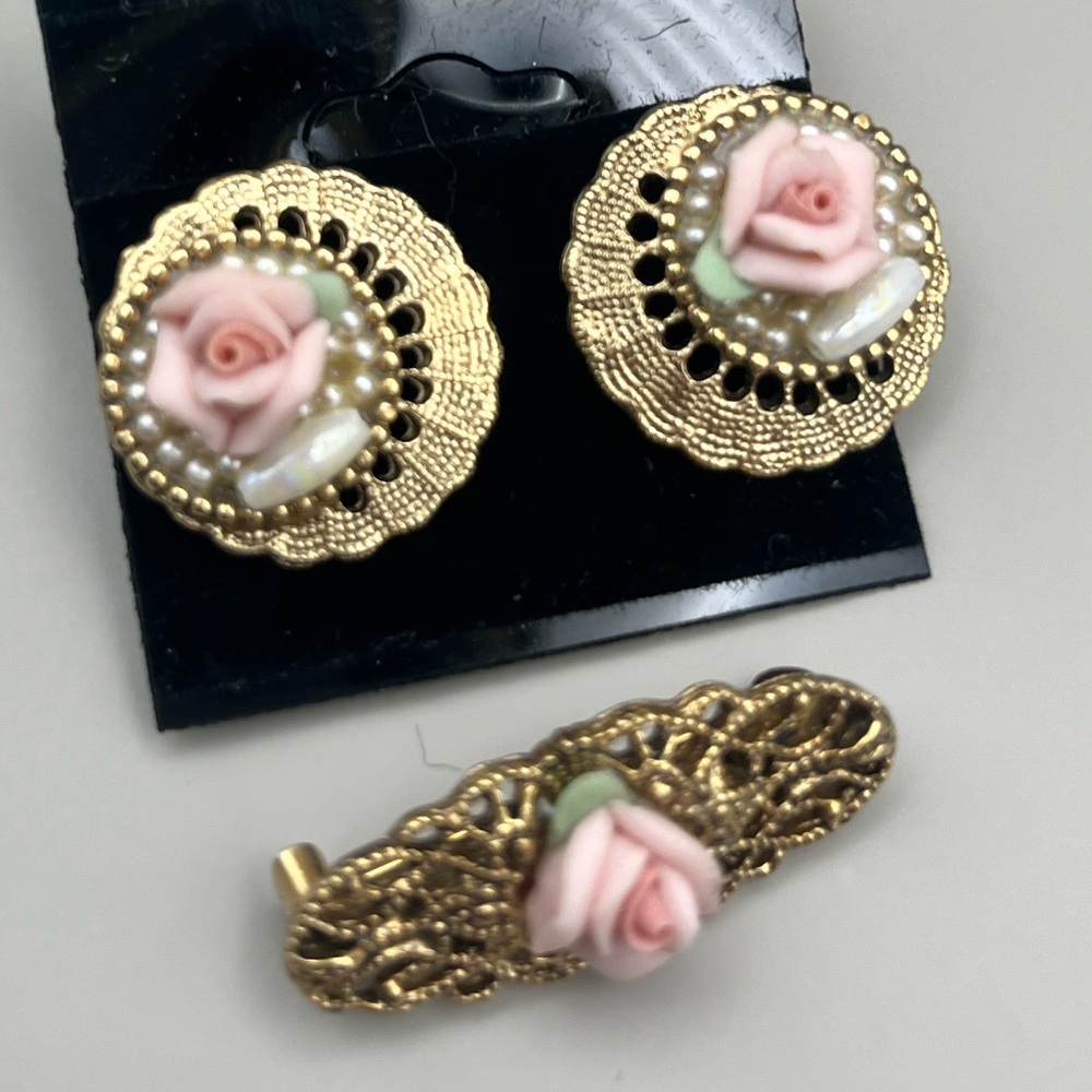 Vintage Pink Rose Filigree Earring and Barrette brooch Set gorgeous shabby chic